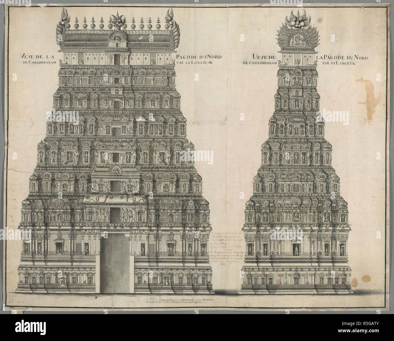 Côté et élévations avant de l'Amérique du Gopuram ou gateway tour au Temple de Chidambaram, Thillai Natarajah ; sept étages, avec des sculptures représentant des figures et d'animaux. VEUE DE LA PAGODE DU NORD DE CHELIMBARAM PAR SA LONGUEUR  = VEUE DE LA PAGODE DU NORDE PAR CHELIMBARAM SA LARGEUR. 1736. Plume et encre noire avec lavage monochrome sur crayon. Source : Maps K.Haut.115,82.a.1. Langue : Français. Banque D'Images