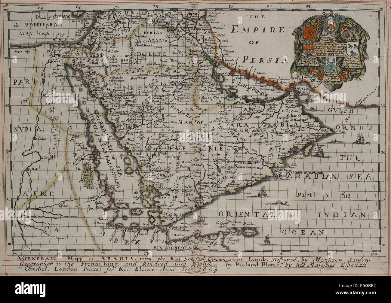 Carte de France, 17e siècle. Un generall mapp d'Arabie, avec la mer Rouge et circumjacent / terres Conçu par Monsieur Sanson . . .  ; Rendred [ !] en anglais &c par Richard Blome . . . Anno Dom[ini] : 1669. Londres : Imprimé pour Richard Blome, 1669. Source : C.39.d.2 pages 12 et 13. Banque D'Images