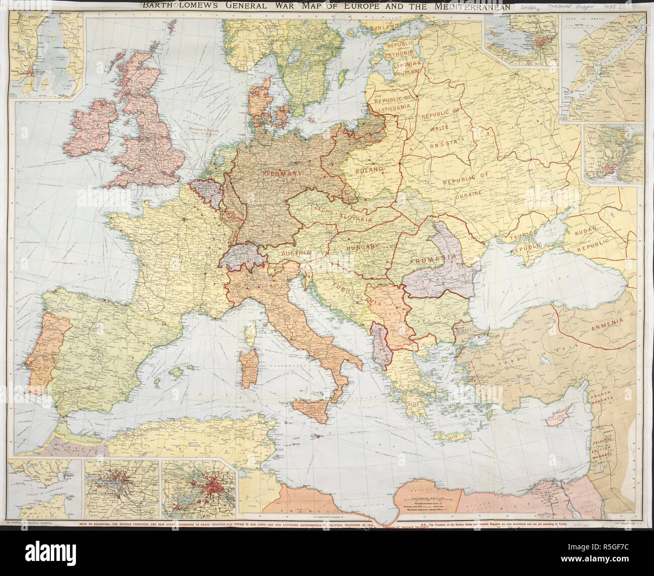 Carte de la guerre de l'Europe et de la Méditerranée. Bartholomew's guerre générale Carte de l'Europe, etc. (une carte politique des nouveaux Etats de l'Europe en 1919, conformément aux traités de Paris, etc.) l'échelle ... 86 miles à 1 pouce. Edinburgh : J. Bartholomew & Co., [1920]. 810 x 640 mm. ; échelle ... 86 miles à 1 pouce. Source : Maps.1035.(166). Banque D'Images