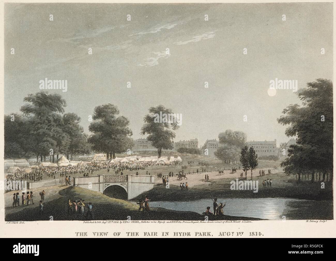 Vue en regardant Park Lane avec le Jubilé juste à Hyde Park dans la distance ; la lune ne tombe pas sur les chiffres ; Serpentine par un pont permanent. Une VUE DE LA FOIRE DE HYDE PARK, 1er 1814 AUGT. [Paris] : publié et vendu par EDWD Augt 12e 1814 ORME, éditeur à Sa Majesté et Son Altesse Royale le Prince Régent, Bond Street (coin de Brook Street, London) [12 août 1814]. L'aquatinte et la gravure avec la main-coloration. Source : Maps K.Haut.26.6.k. Langue : Anglais. Auteur : Clark. Banque D'Images