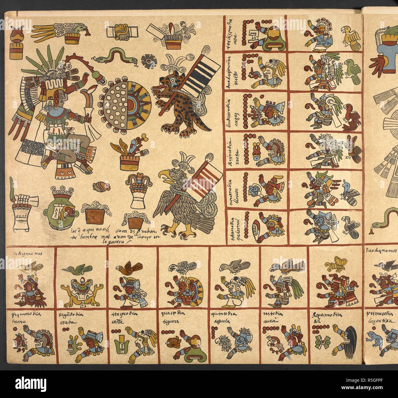 Au centre, une représentation d'une éclipse;Sur la gauche, le Dieu d'Pantecatl, la guérison et la fécondité. À partir de la plaque d'un fac-similé du Codex Borbonicus. Le Codex Borbonicus. Manuscrit mexicain de la BibliotheÌ€que du Palais Bourbon, livre divinatoire et rituel figureÌ facsimileÌ publieÌ en, avec un commentaire explicatif par M. E.-T. Hamy. pp. 24 et suiv. 38.. Paris, 1899. Un fac-similé de la codex aztèque. Source : 14001.g.20 Figure 11. Auteur : Ernest Hamy, Theodore. Banque D'Images