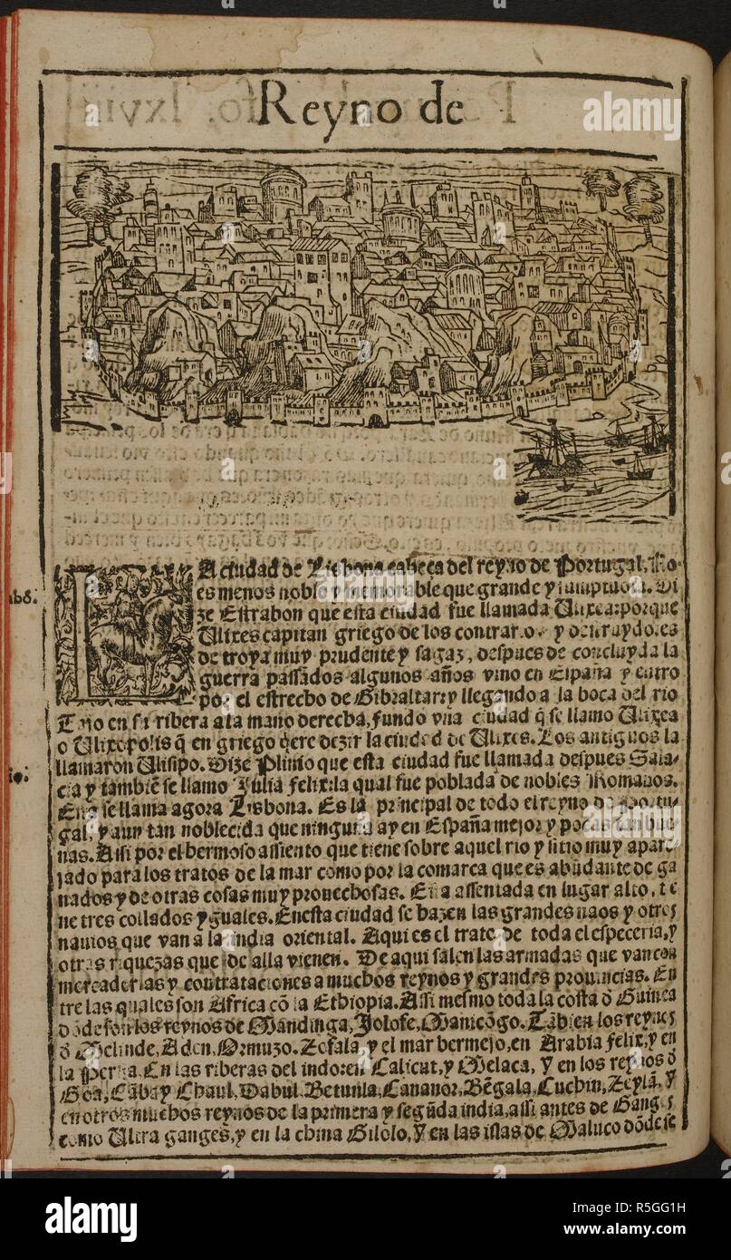 Illustration de Lisbonne. Libro de grandezas y cosas personnages mémorables de Espana. L'Agora de nuevo y fecho copilado. P. de Robles y J. de Villanueva : Alcala de Henares, 1566. Source : 178.b.7, verso LXVIII. Auteur : DE MEDINA, PEDRO. Banque D'Images