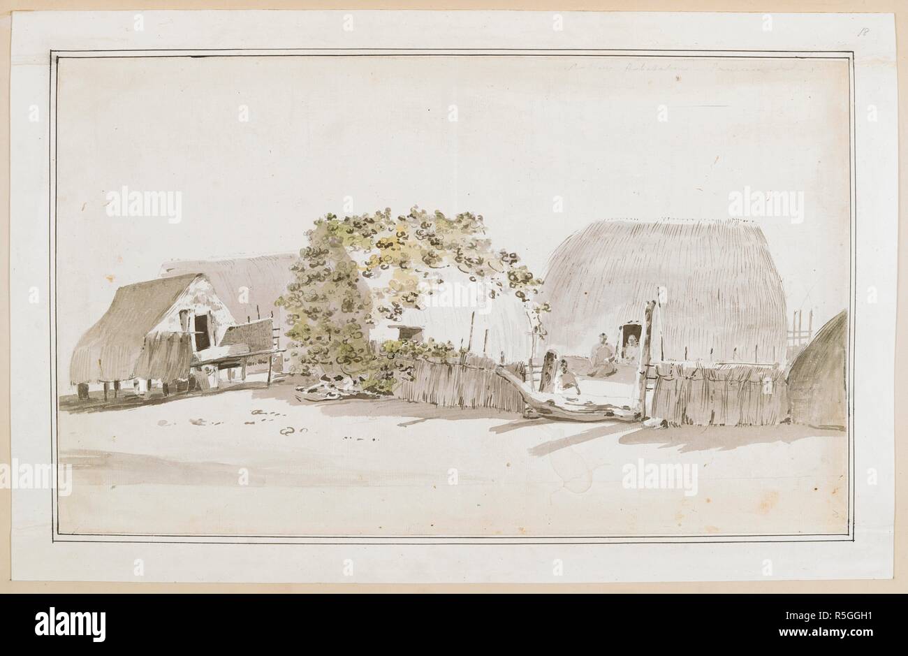 Un village autochtone. Esquisses et dessins en couleur faites par J. Webber, au cours du troisième voyage du capitaine Cook, en 1776-1780,. 1776-1780. Source : ajouter. 17277, no 18. Banque D'Images
