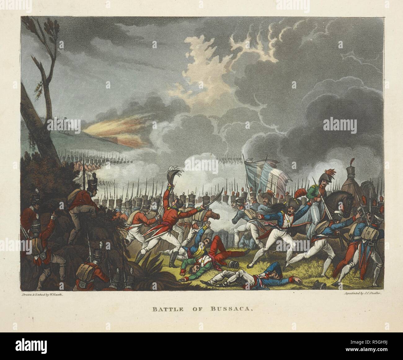 Bataille de Bussaca (Busaco). La bataille de Bussaco BuÃ§aco ou (27 septembre 1810) a abouti à la défaite des forces françaises par Lord Wellington's Anglo-Portuguese armée, au Portugal pendant la Guerre Péninsulaire. Les guerres de Wellington, un poème narratif. ... Avec gravures ... couleur ... Par le Dr S. London, 1819. Source : 838.m.7 plate 9 page 89. Auteur : Stadler, Joseph C. HEATH W. Banque D'Images