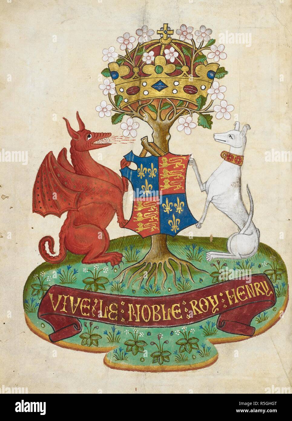 Des miniatures les armoiries royales de l'Angleterre d'Henry VII soutenue par un lévrier blanc et un dragon rouge, et suspendu sur une aubépine bush, surmontée d'une couronne, avec une inscription "VIVE LE NOBLE ROY HENRY'. Speculum dominarum (Le Miroir des Dames). L'Angleterre ; c. 1485- c. 1509. Source : Royal 19 B. XVI, f.1c. Banque D'Images