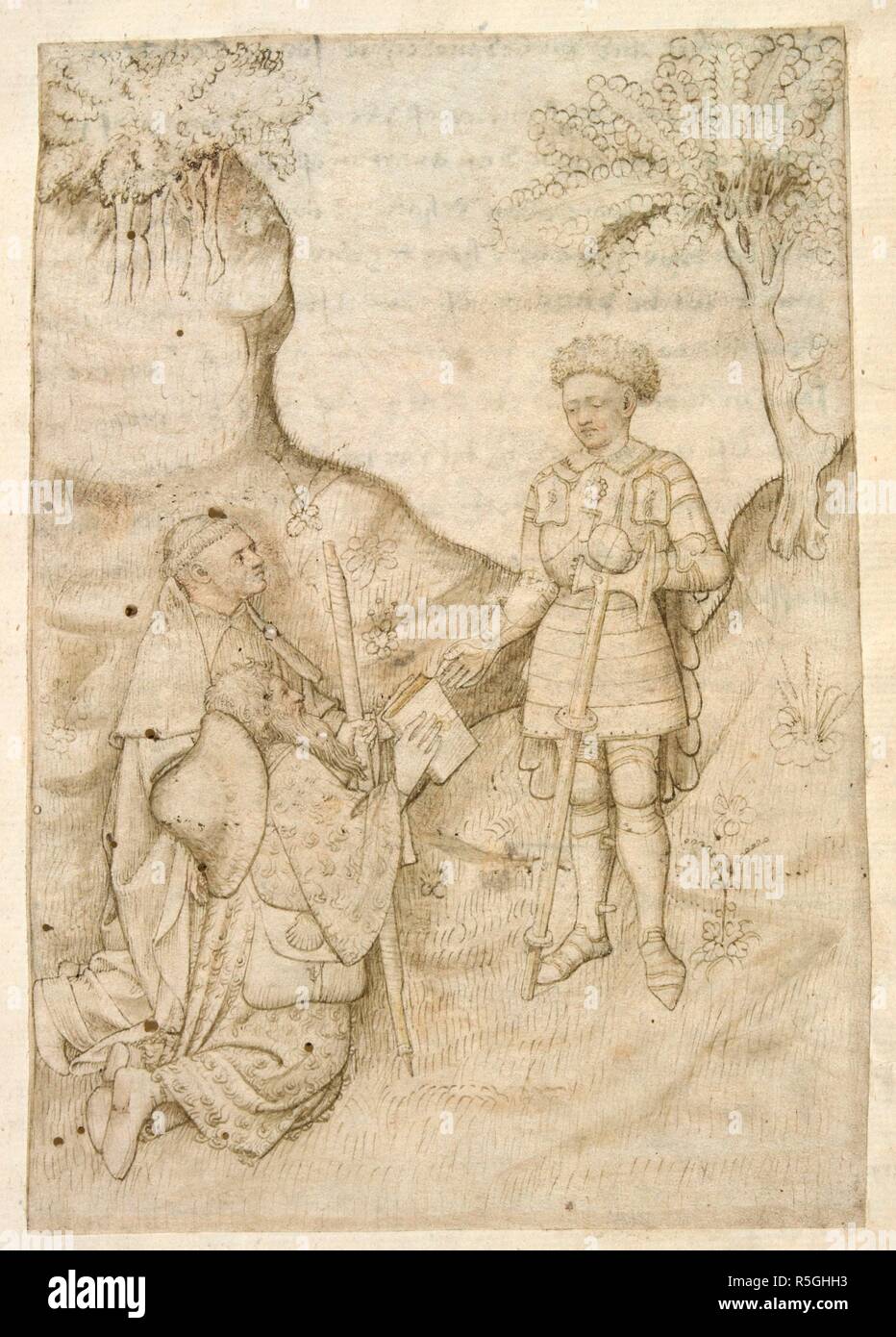 Détail d'une miniature d'un genoux inséré Pilgrim, accompagné d'un moine, présentant un livre à un comité permanent chevalier en armure. Plus tard, une inscription sur la face folio identifie le moine comme John Lydgate, et le chevalier que le Comte de Salisbury, à qui l'Lydgate 'Le Pèlerinage de la vie de l'homme' a été consacrée. La figure du moine peut représenter soit Lydgate (d. c. 1450), un moine bénédictin à l'abbaye de Bury St Edwards, Suffolk, ou Deguileville (d. c. 1358), une à l'abbaye cistercienne de Chalis en Valois, et le comte de Salisbury, Thomas Montague (d. 1428) peut être la figure de l'armure. Banque D'Images