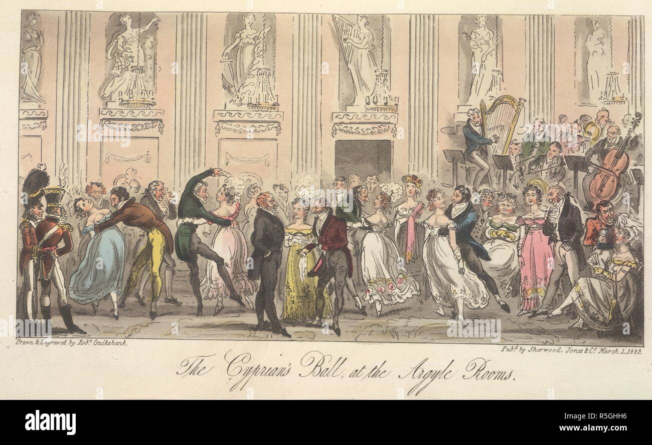 La cypriote's Ball. L'Espion Anglais : une œuvre originale, caractéristique,. Sherwood, Jones & Co. : Londres, 1825, 26. La cypriote's Ball, à la chambres d'Argyle'. Un bal donné par Harriette Wilson, et ses trois sœurs. Harriette Wilson est montré quatrième à partir de la droite. Sa soeur, Amy, est assis, à l'extrême droite. Image prise à partir de l'Espion Anglais : une œuvre originale, caractéristique, satirique, et d'humour. Comprenant des scènes et des croquis dans tous les échelons de la société, d'être des portraits de l'illustre, d'éminentes personnalités, excentrique, et tristement célèbre. Tirée de la vie de Bernard Blackmantle [pseudonyme de Charles Molloy Banque D'Images