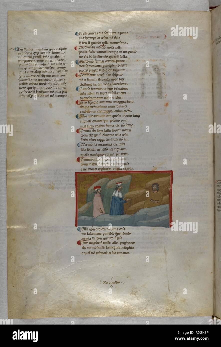 Purgatorio : Dante et Virgile approcher le troubadour Sordello. Dante Alighieri, La Divina Commedia (La Divine Comédie ), avec un commentaire en latin. 1ère moitié du 14e siècle. Source : Egerton 943, f.72v. Langue : Italien, Latin. Banque D'Images