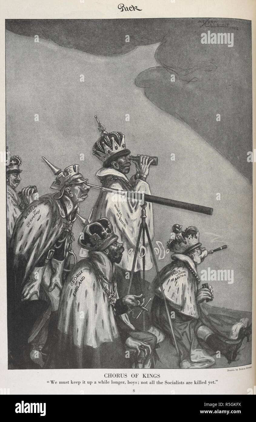 'Choeur des rois". "Nous devons garder un solitaire alors que les garçons, tous les socialistes ne sont pas encore morts". Caricatures de la Royal chefs d'état de l'Europe, au cours de la première guerre mondiale. . Rondelle. Londres, Angleterre : 1916. Source : Puck, 22/01/1916 page 8. Auteur : Greene, Nelson. Banque D'Images