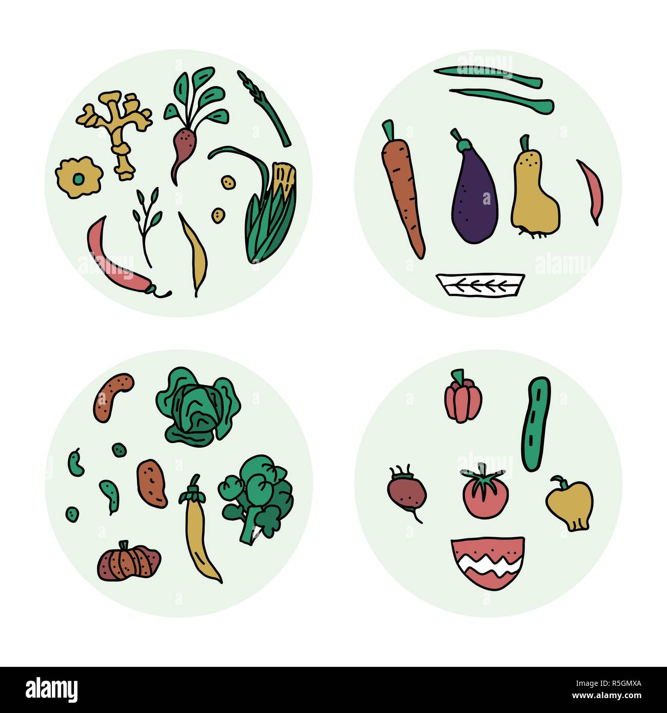 Set de badges rond de vecteur de légumes. Collection de compositions cercle de veg en style doodle isolé sur fond blanc. Illustration de Vecteur