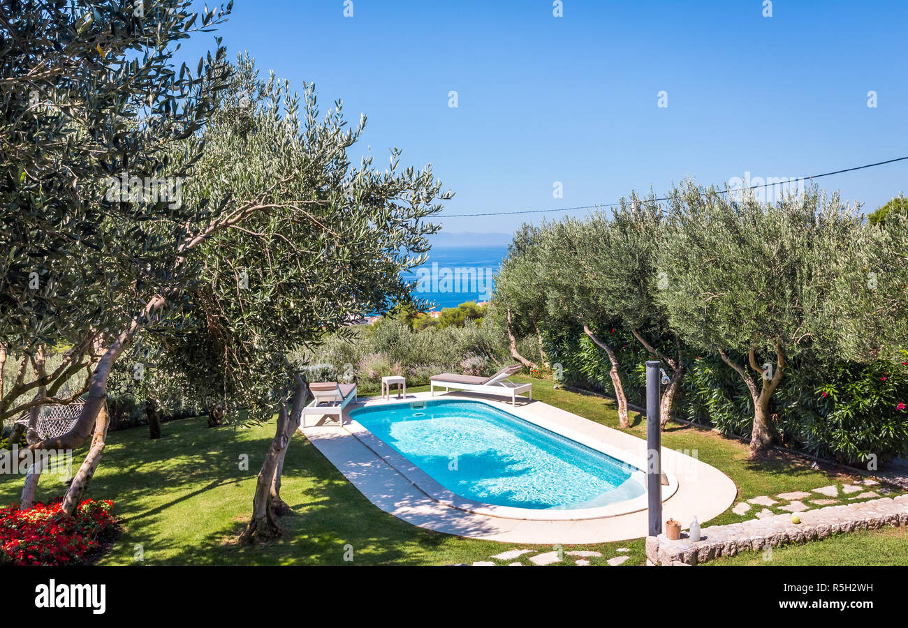 Piscine privée avec de l'eau turquoise et beau jardin Banque D'Images