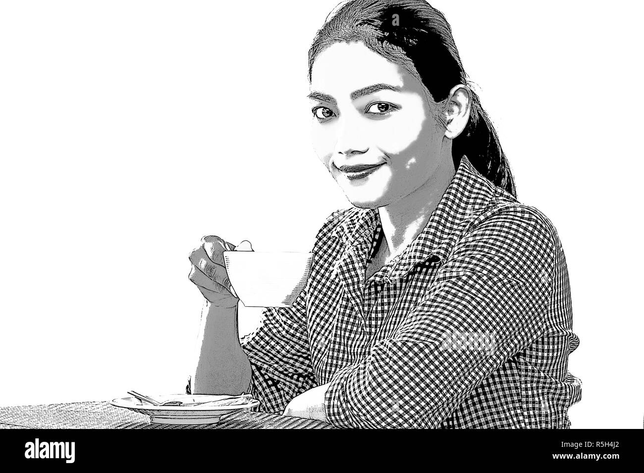 Une peinture - illustration photo de happy smiling woman holding a cup avec une boisson et à la recherche dans l'appareil photo, sur fond blanc. Banque D'Images