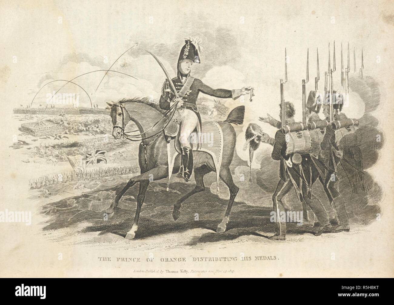 Le Prince d'Orange distribuant ses médailles. William II (Willem Frederik George Lodewijk van Oranje-Nassau) (6 décembre 1792 â€" 17 mars 1849) était le roi des Pays-Bas, Grand-duc de Luxembourg, et Duc de Limbourg. Il a combattu en tant que commandant du Corps allié je à la Bataille de Quatre Bras (16 juin 1815) et la bataille de Waterloo (18 juin 1815), où il fut blessé. Histoire de la Révolution française, et des guerres produit par que ... événement ... ; et la ... Bataille de Waterloo. Londres : T. Kelly, 1820-22. Source : 9525.f.1 volume 2 page 10 en face de la plaque. Auteur : CHRISTOPHER KELLY. Banque D'Images