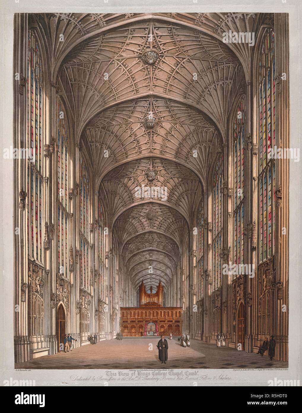 Les universitaires et les choristes article à l'intérieur de King's College Chapel ; vitraux de chaque côté ; le ventilateur de plafond à voûte ; l'orgue dans la distance. Cette vue de Kings College Chapel Cambe. [Cambridge] : Publié par R. Harraden & Son, Cambridge, 25 mars 1816. L'aquatinte et la gravure avec la main-coloration. Source : Maps K.Haut.8,58.o. Langue : Anglais. Auteur : Harraden, Richard. Banque D'Images