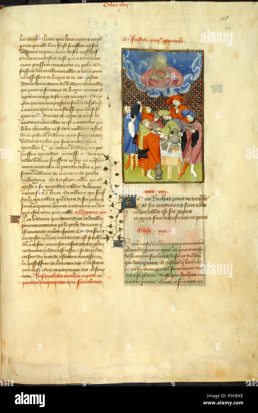 Bacchus et adeptes de l'alcool. Oeuvres complètes de Christine de Pisan. France (Paris), 1410-1411. Ensemble (folio) Hommes buvant avec Bacchus (président) d'en haut. À partir de l'EpÃ®tre d'OthÃ©a. Image réalisée à partir d'Œuvres complètes de Christine de Pisan. Publié à l'origine/produit en France (Paris), 1410-1411. . Source : Harley 4431, f.106. Langue : Français. Auteur : Christine de Pisan,. Maître de la CitÃ© des Dames. Banque D'Images