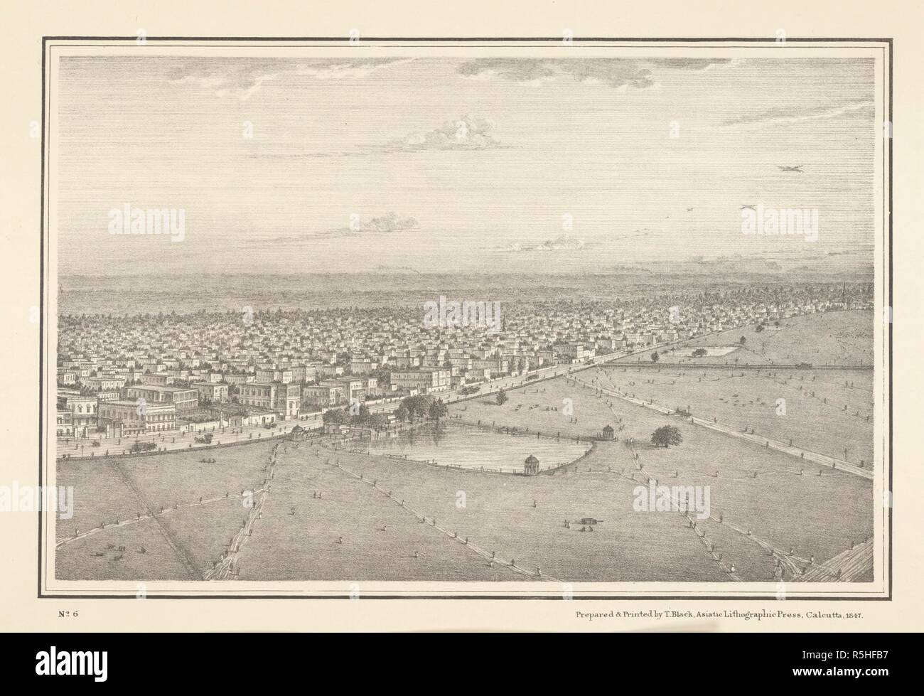 Chowringhee. Vue panoramique de Calcutta, 1847. Calcutta : T. Noir, l'Asiatique presse lithographique, 1847. Feuille 1 : fig.  ; 24 x 210 cm. plié à 24 x 17 cm. Source : V12765 n°6. Auteur : Frédéric Fiebig. Banque D'Images
