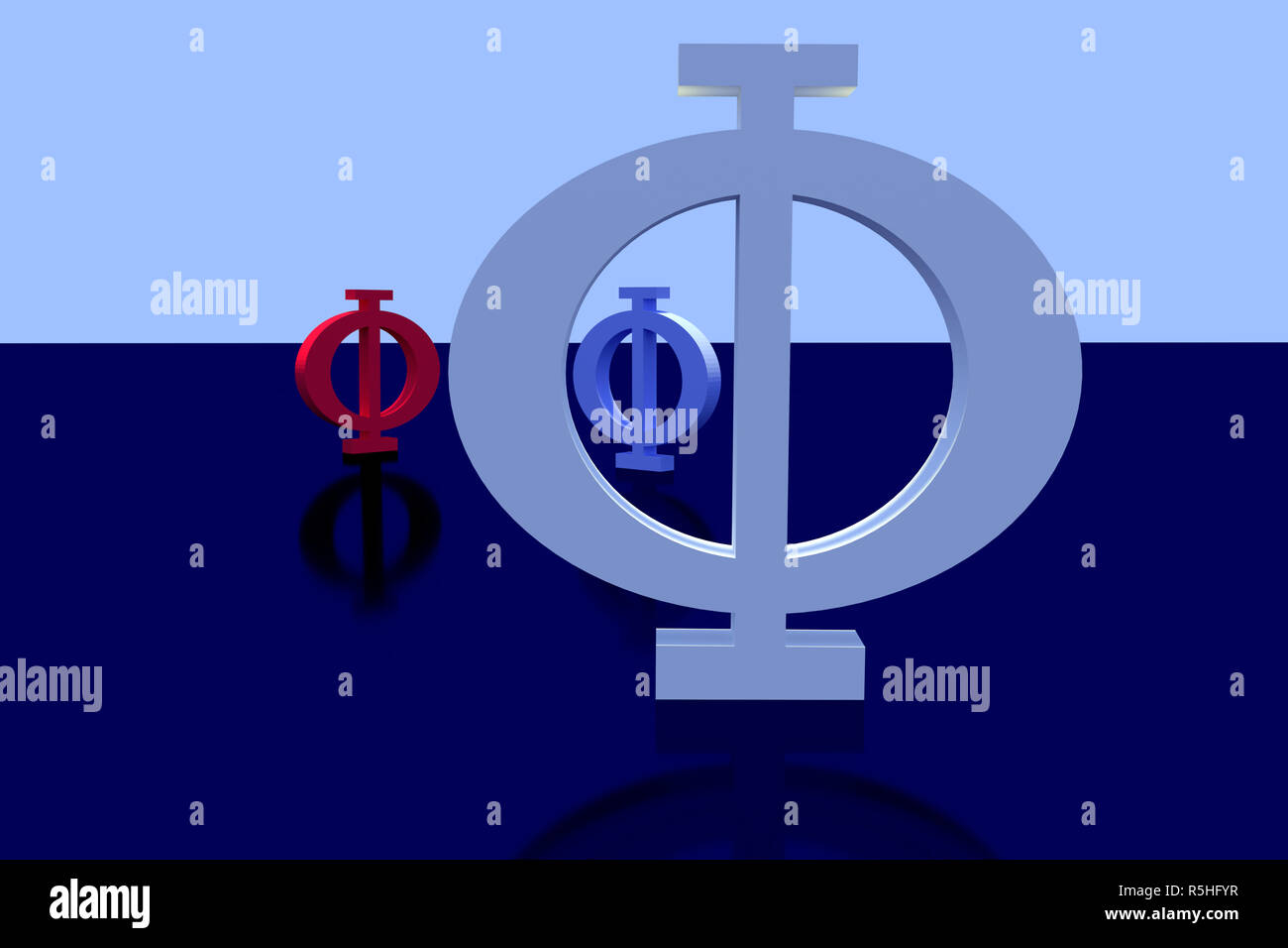 Phi grec les lettres en bleu sur une surface réfléchissante légèrement,brillant Banque D'Images