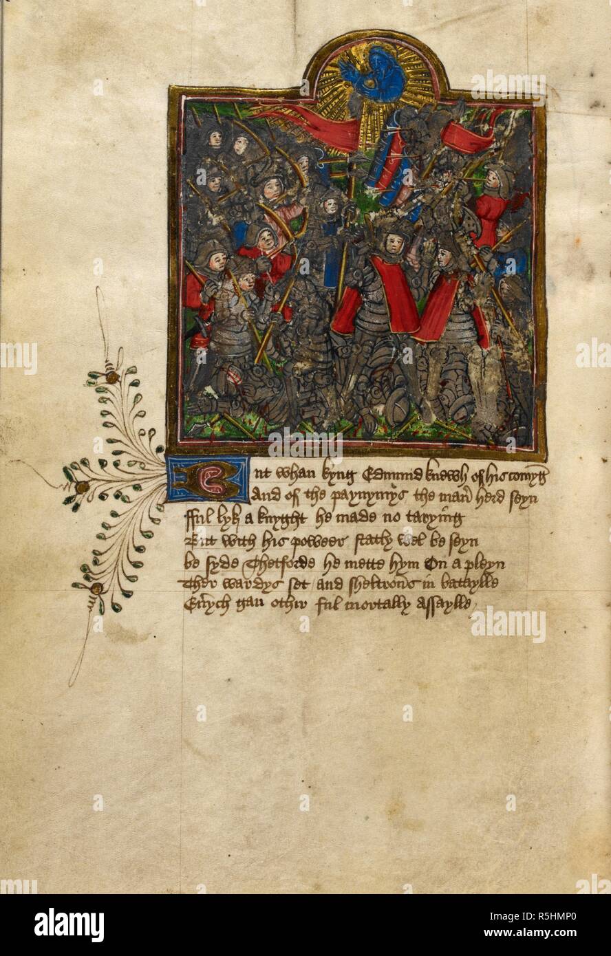 De la miniature dans la bataille contre les Danois à Thetford, avec la bénédiction de Dieu, au-dessus de John Lydgate's Vies de saints Edmund et Fremund. Vie des Saints Edmund et Fremund. L'Angleterre, S. E. (Bury St Edmunds ?) ; entre 1461 et ch. 1475. Source : Yates Thompson 47, f.39v. Langue : Anglais. Banque D'Images