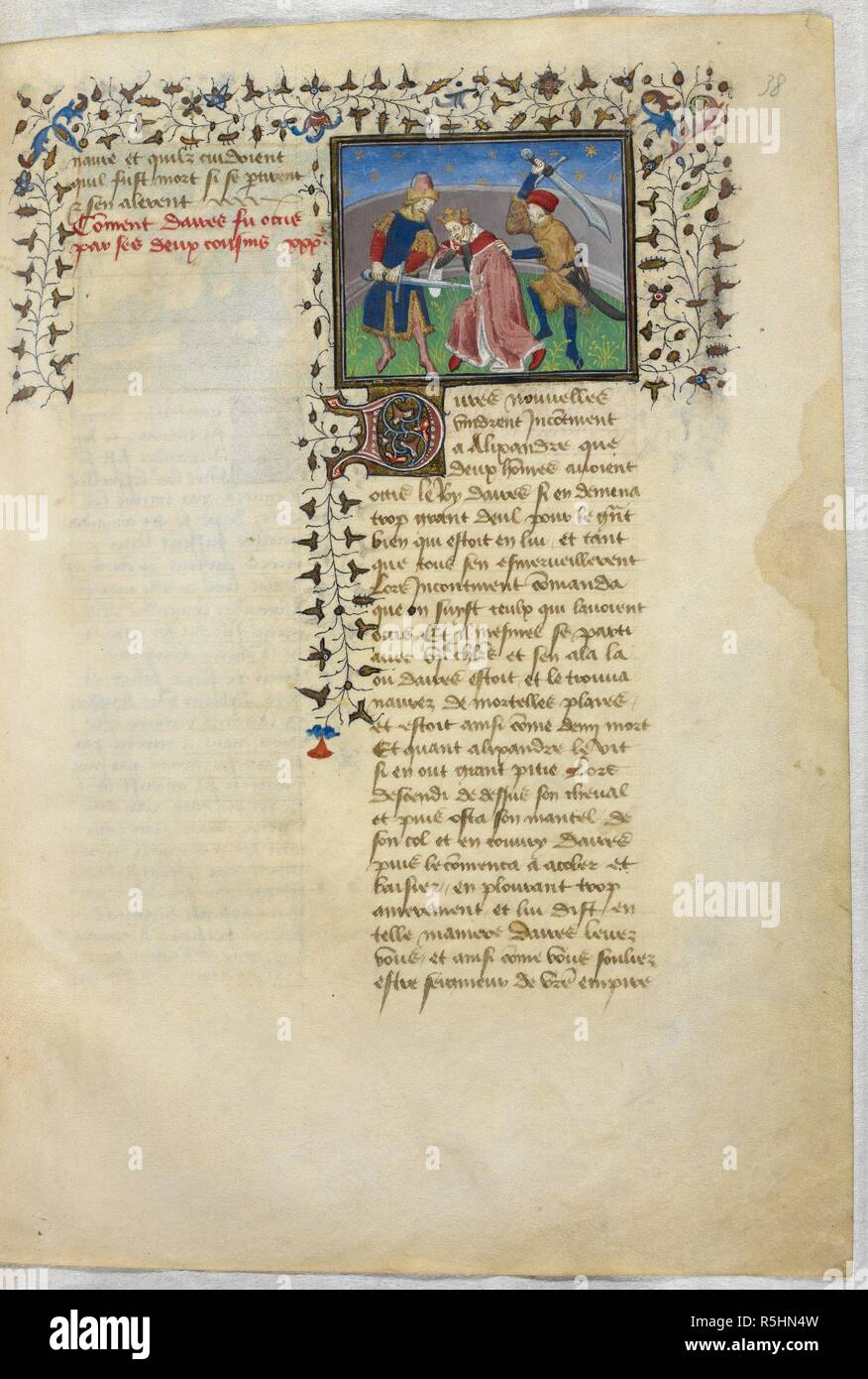 Miniature de l'assassinat de Darius. Historia de proelis dans une traduction en français (Le Livre et le hystoire vraye du bon Roy Alixandre). La France, l'Europe centrale (Paris) ; c.1420. Source : Royal 20 B. XX, f.38. Langue : Français. Banque D'Images