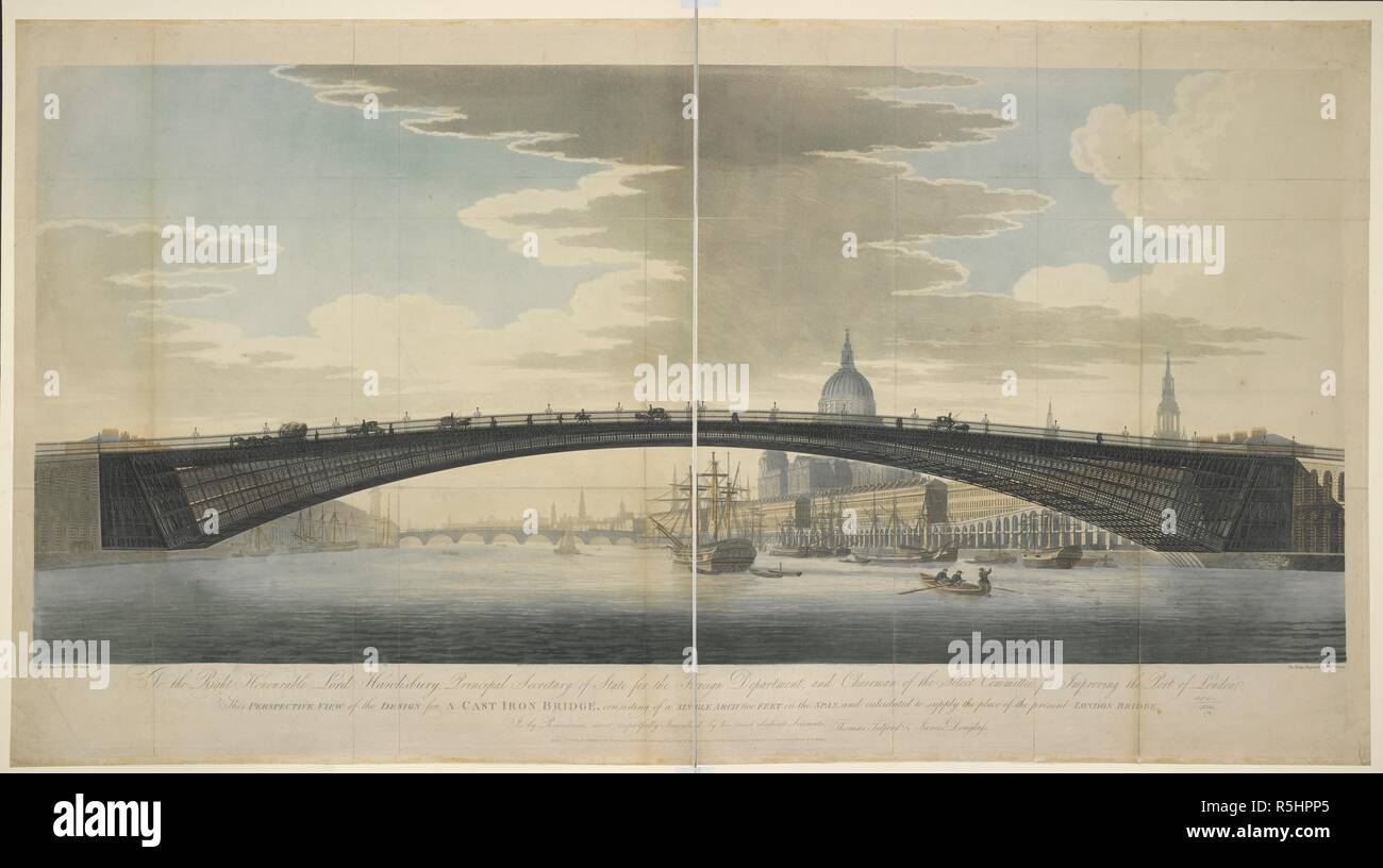 Design par Thomas Telford pour un pont en fonte pour remplacer le pont de Londres. Vue sur la Tamise ; navires passant en dessous, chariots et charrettes en utilisant le pont chaussée ; approches remblai à arcades. Cette conception n'a pas été utilisé en raison de préoccupations quant à sa faisabilité technique et l'espace requis pour le construire. Pour le Très Honorable Lord Hawksbury, principal secrétaire d'État aux affaires du Ministère, et de Président du Comité spécial pour l'amélioration du port de Londres, cette vue en perspective de la conception d'un pont en fonte, composé d'une arche unique de 600 mètres de la plage, et c Banque D'Images