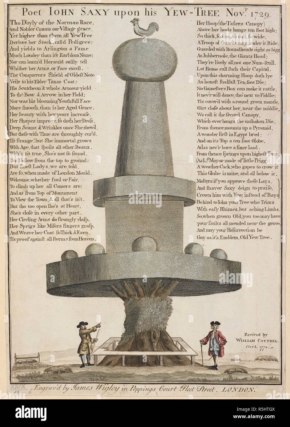 Un grand arbre d'if topiaire avec un coq à son sommet ; deux hommes debout sous l'arbre ; un poème imprimé sur chaque côté de l'image. Poète JOHN SAXY sur son arbre d'IF 1729 Novr. [Paris] : [éditeur non identifiés], [1770]. Avec gravure main-coloration. Source : Maps K.Haut.29.16.b. Langue : Anglais. Banque D'Images