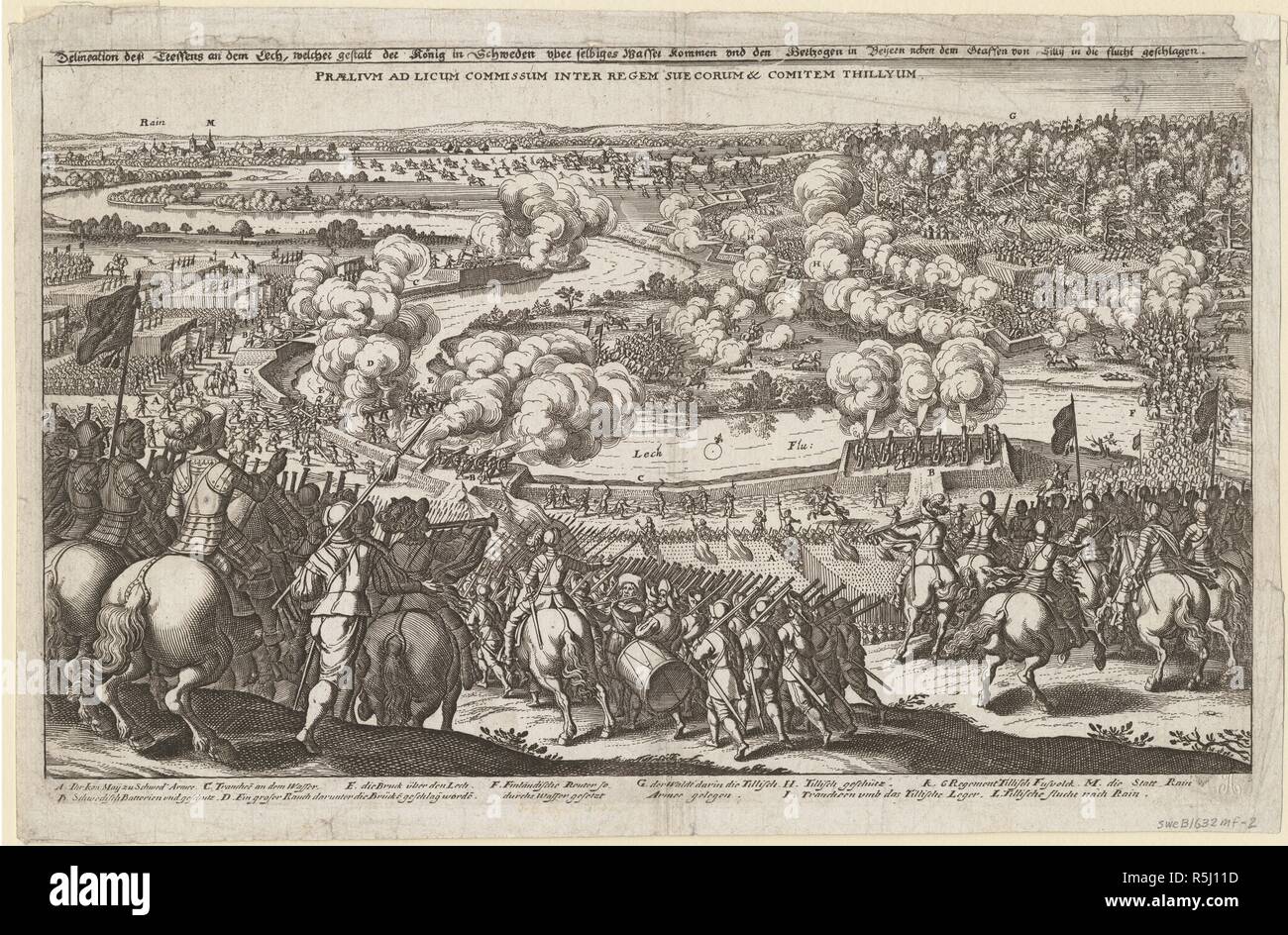 Séance près de pluie par la rivière Lech, le 5 avril 1632. Gustaphus forces Adolphus de traverser la Lech. Musée : collection privée. Auteur : Merian, Matthäus, l'Aîné. Banque D'Images