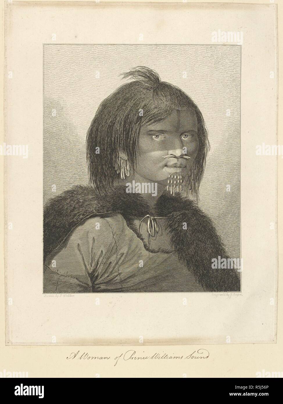 Une femme du Prince William's Son. Dessiné par John Webber et gravé par James Basire. Dimensions de la tête et les épaules d'une femme se tourna de trois quarts vers la gauche. Elle porte un manteau de fourrure et de peau sur les épaules. Elle a deux ornements d'os par son nez et des perles dans les chaînes attachées à la lèvre inférieure et des oreilles. La partie supérieure de son visage et le bas de son menton sont d'une nuance plus sombre. Ses cheveux sont portés à l'épaule d'une petite quantité liée sur le dessus de sa tête. Une collection de dessins par A. Buchan, S. Parkinson, et J. F. Miller, réalisés dans les pays visiter Banque D'Images