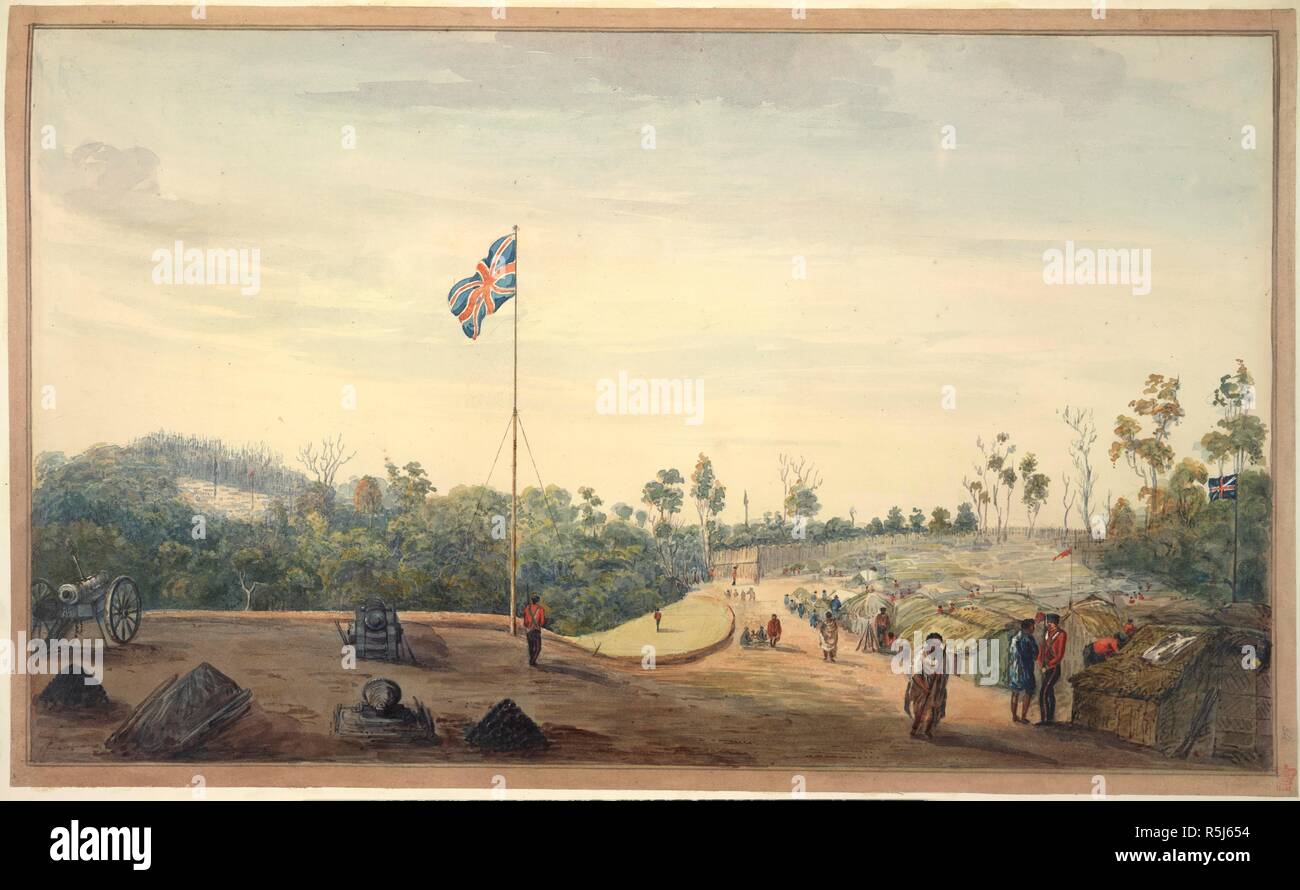 Camp militaire britannique. Dessins et croquis en Nouvelle-Zélande. La Nouvelle-Zélande ; années 1848-1853. [Le dessin no54] Avis d'un camp militaire britannique, au cours de laquelle le drapeau de l'union des mouches. L'intérieur du camp sont des soldats et des canons, et des huttes indigènes Maoris aussi, entouré d'une palissade boisée image prise à partir de dessins et croquis en Nouvelle-Zélande. Publié à l'origine/produit en Nouvelle-Zélande ; années 1848-1853. . Source : ajouter. 19954, f.47. Langue : Anglais. Banque D'Images
