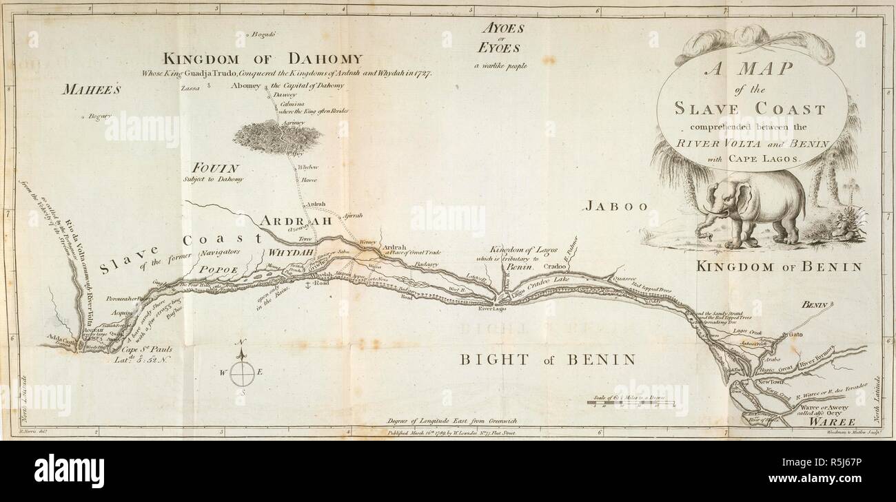 Une carte de la côte des esclaves. Mémoires du règne de la Bossa Ahadee, roi de Daho. 1789. Une carte de la côte des esclaves compris entre le Fleuve Volta et du Bénin et du Nigeria. Image prise à partir de mémoires du règne de la Bossa Ahadee, roi de Dahomy. Publié initialement en 1789. produits/ . Source : G.15028.(1), frontispice carte. Banque D'Images