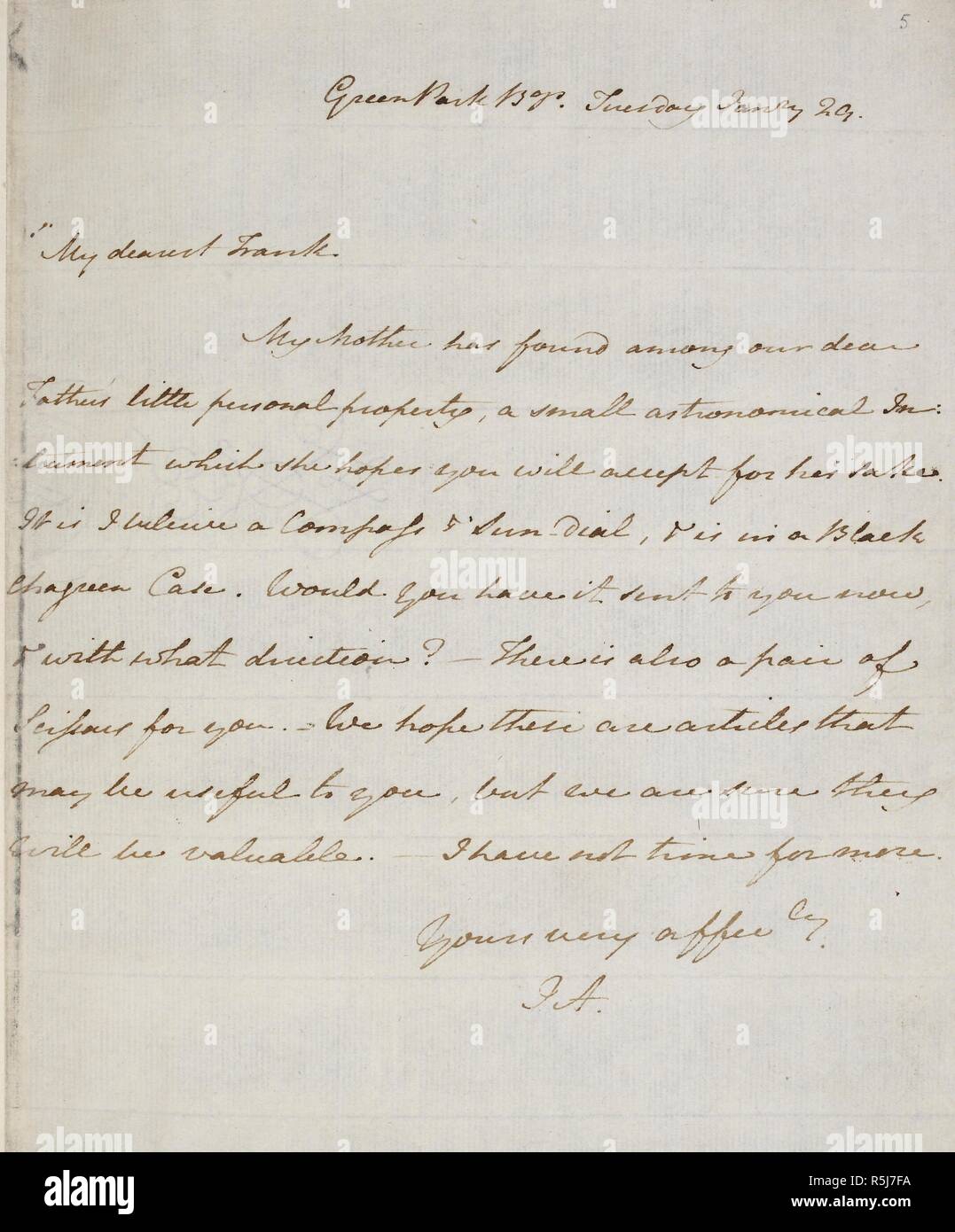 Lettre autographe de Jane Austen à son frère Frank [Le Capitaine Francis Austen], 29 janvier 1805, après la mort de leur père. Londres ; 1805. Source : ajouter. 42180, f.5. Langue : Anglais. Banque D'Images