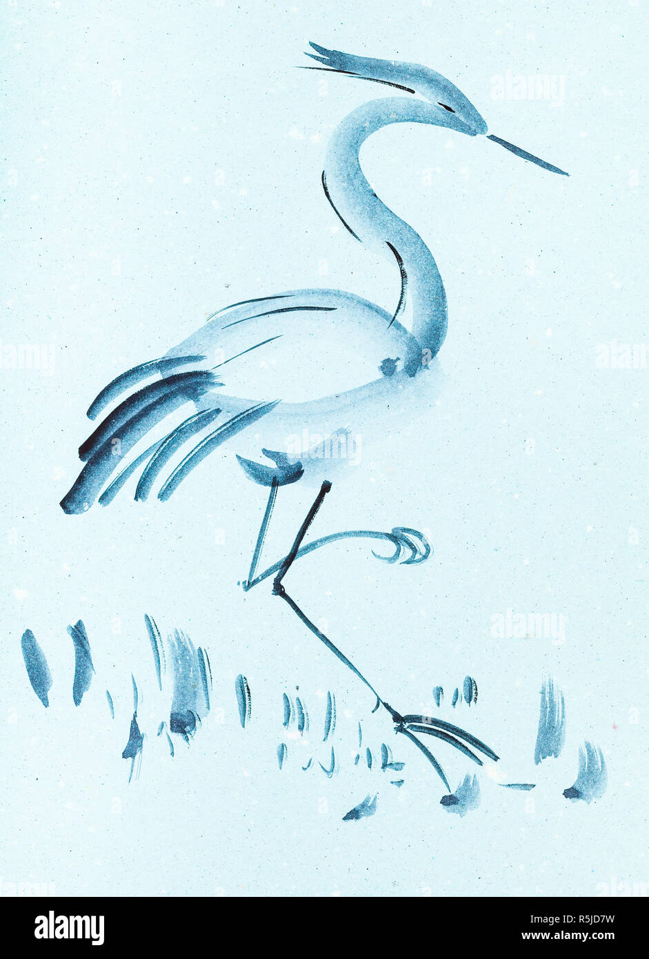 Oiseau heron sur du papier de couleur bleu Banque D'Images
