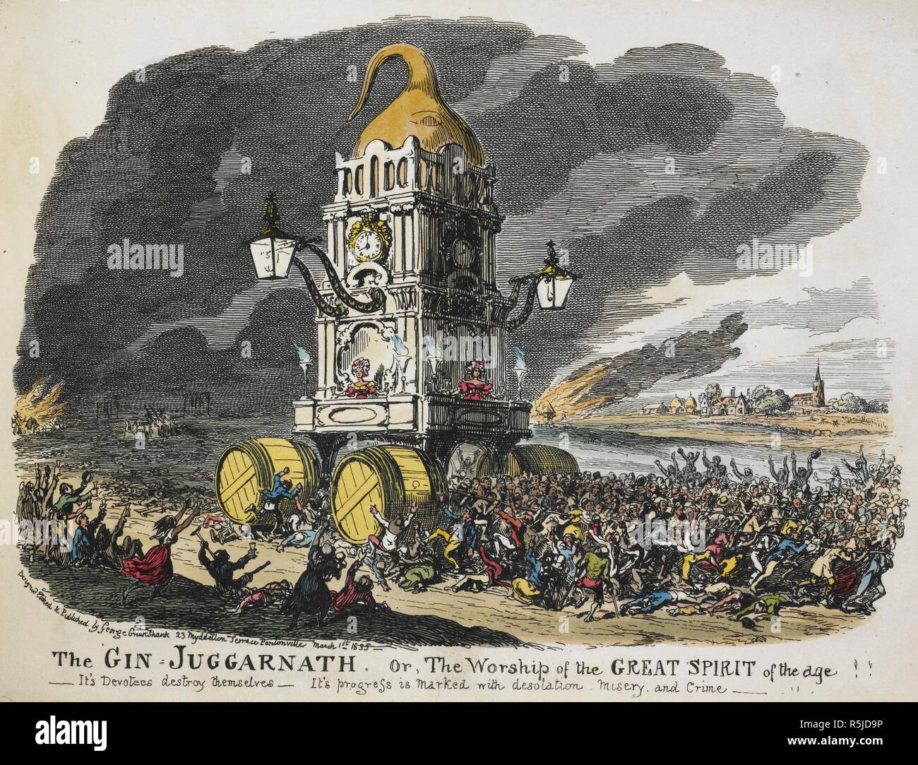 Le juggernauth le gin ou le culte de l'esprit de l'âge'. Une couleur croquis satiriques sur les dangers de l'alcoolisme. Mon carnet de croquis. George Cruikshank ; Charles Tilt : Londres, 1834 [1833-36]. Source : C.59.d.5. Banque D'Images