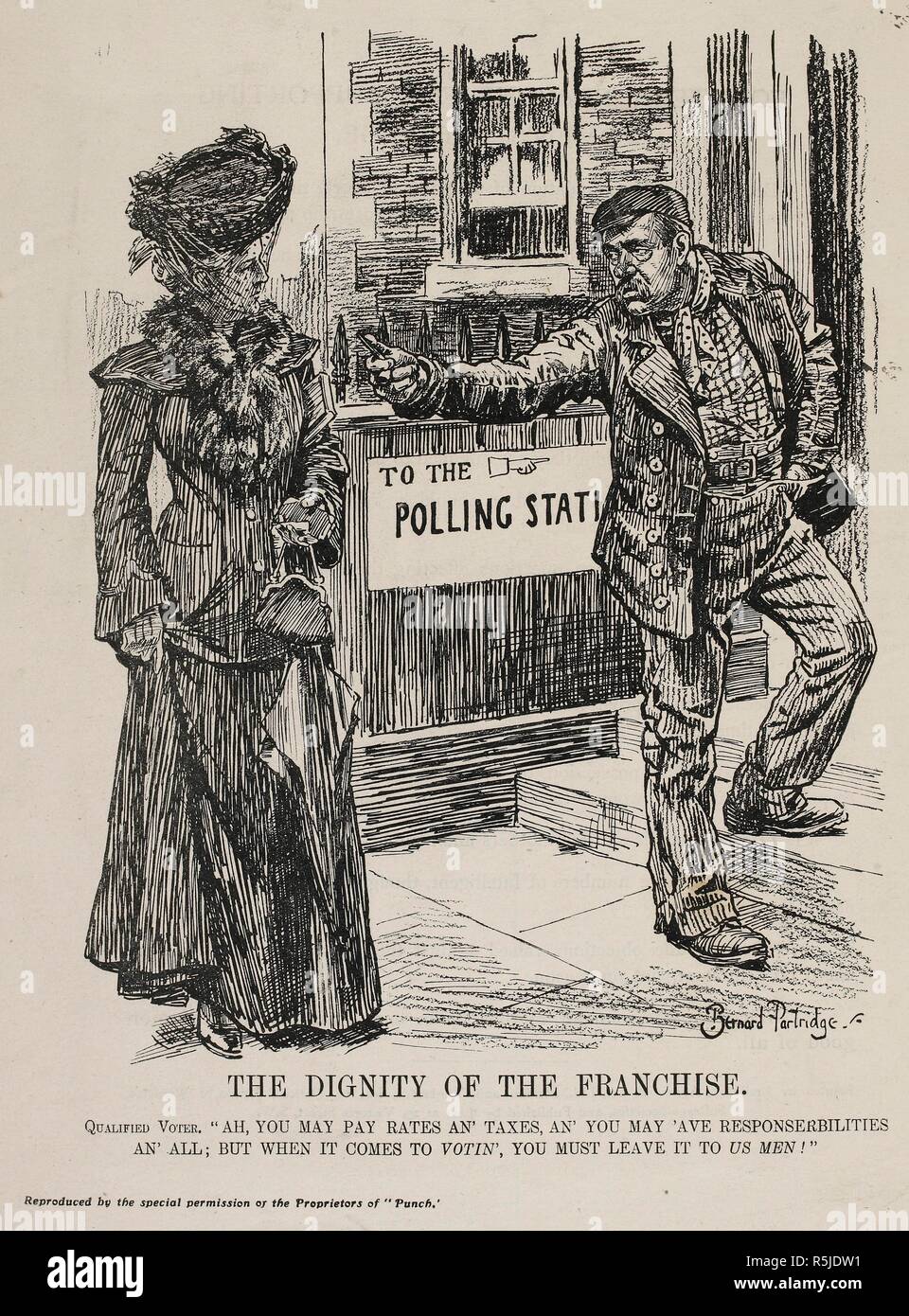 "La dignité de la franchise'. Un dessin tiré de "Punch', montrant un homme dire à une femme de quitter les hommes à voter. [Une collection de coupures de presse, brochures, dépliants et lettres principalement en ce qui concerne le mouvement pour le suffrage des femmes en Angleterre, formé et annotés par M. Arncliffe Sennett.]. 1906 - 36. Source : C.121.g.1 volume 1. Auteur : PERDRIX, BERNARD. Banque D'Images