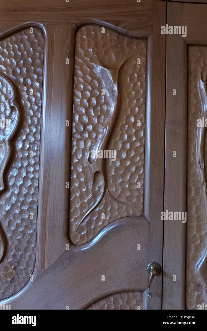 Design sur l'une des portes en bois dans le Battlo bâtiment conçu par Antoni Gaudi, Barcelone, Espagne Banque D'Images