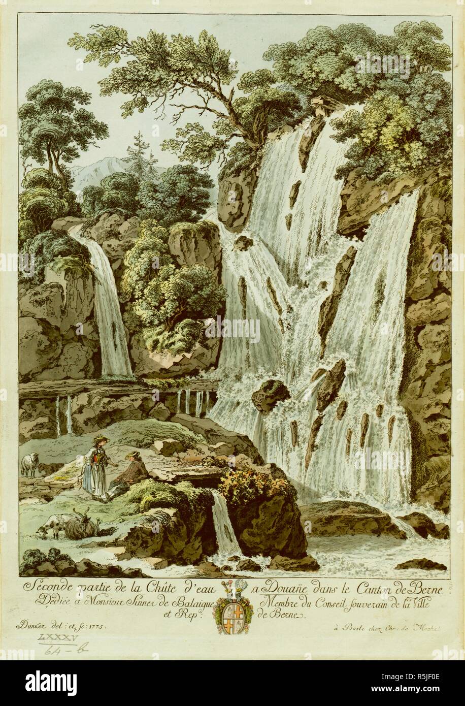 Un berger et une bergère reste avec leur troupeau par un ruisseau au pied de la Douanne tombe, ou Twannbachschlucht, près de Douanne. Seconde partie de la ChÃ"te d'eau une douane dans le canton de Berne : DediÃ©e Ã Monsieur pécheur de Balaigue Membre du Conseil souverain de la ville et République de Berne. Restaurant à Bâle : chez Chr. de Mechel, [1775]. La gravure à la main. Source : Maps K.Haut.85,64.b. Langue : Français. Banque D'Images