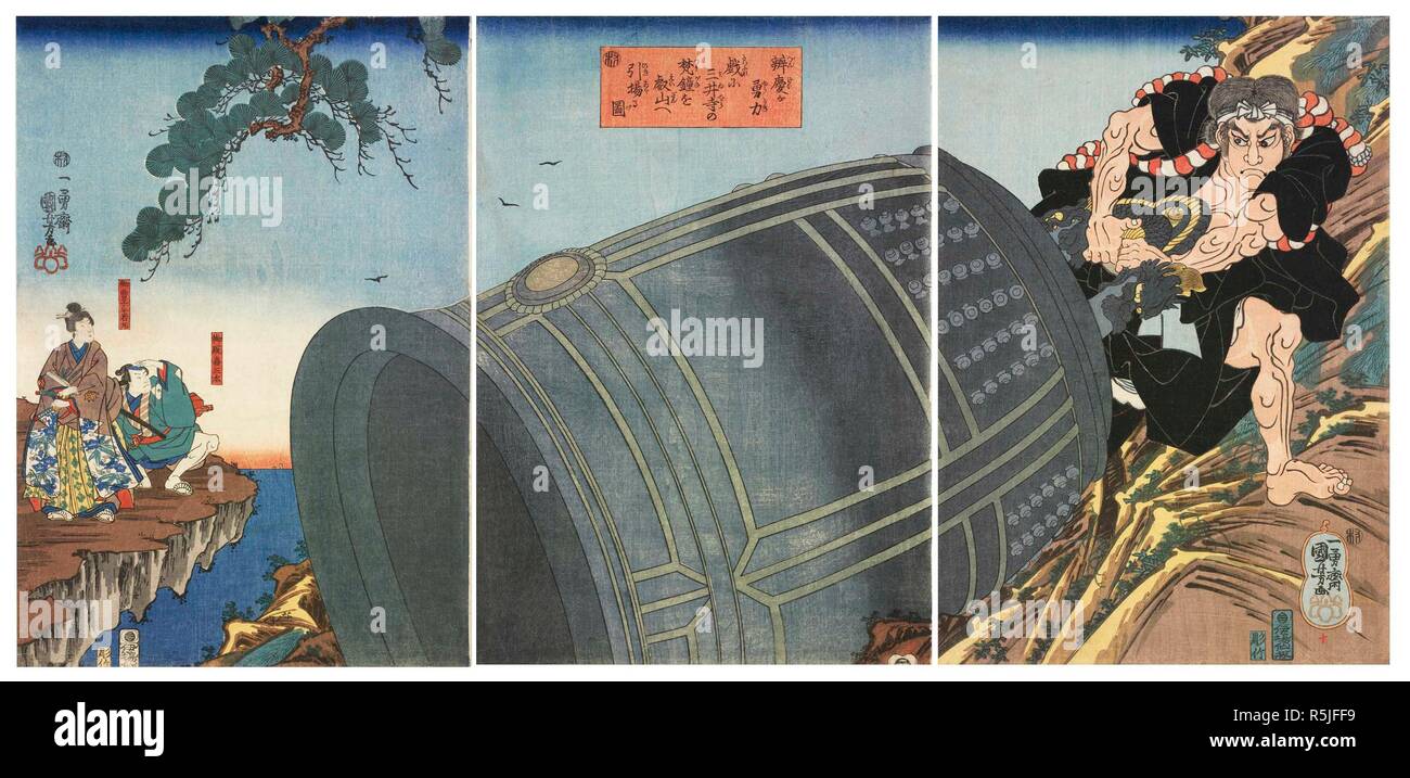 Benkei's force héroïque : joyeusement en faisant glisser la cloche de temple Mii au Mont Hiei. Musée : collection privée. Auteur : UTAGAWA KUNIYOSHI,. Banque D'Images
