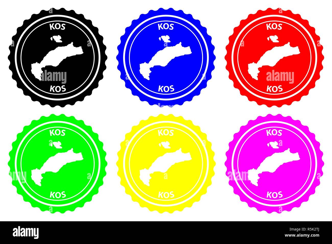 Kos - timbres en caoutchouc - vecteur, île de Kos (Cos) Carte - sticker - noir, bleu, vert, jaune, violet et rouge Illustration de Vecteur