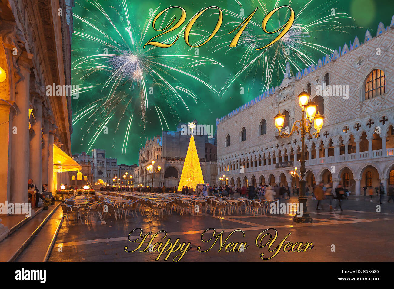 Heureux nouvel an 2019 Carte de souhaits avec fond coloré de la Place Saint Marc à Venise et fantasy sky avec Fireworks Banque D'Images
