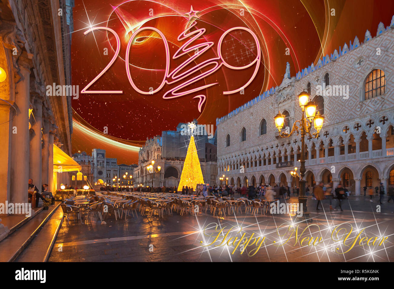 Heureux nouvel an 2019 Carte de souhaits avec fond coloré de la Place Saint Marc à Venise et fantasy sky Banque D'Images