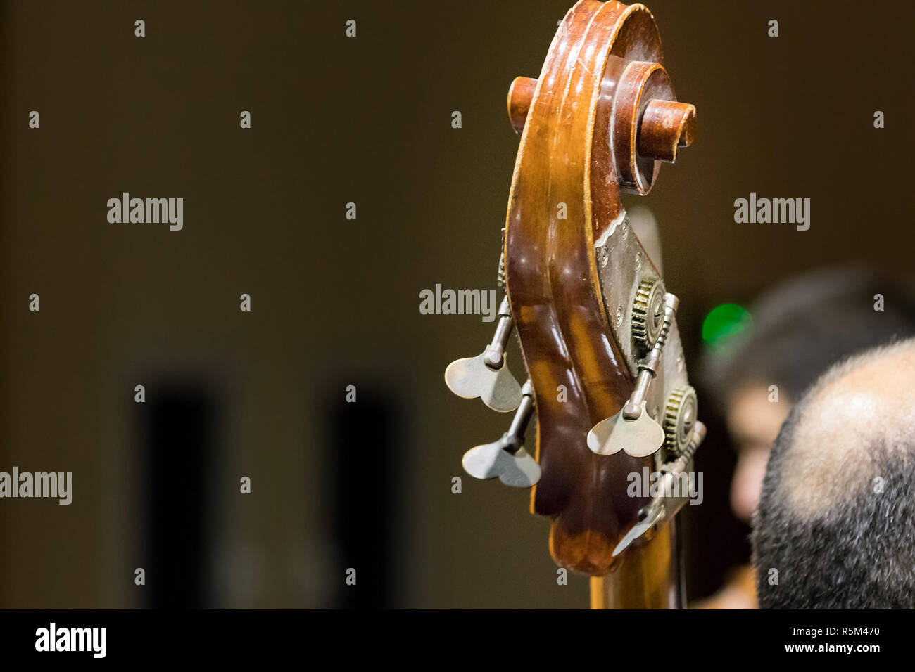 Close up de la faire défiler - peg fort d'un violoncelle pendant une performance live. Banque D'Images