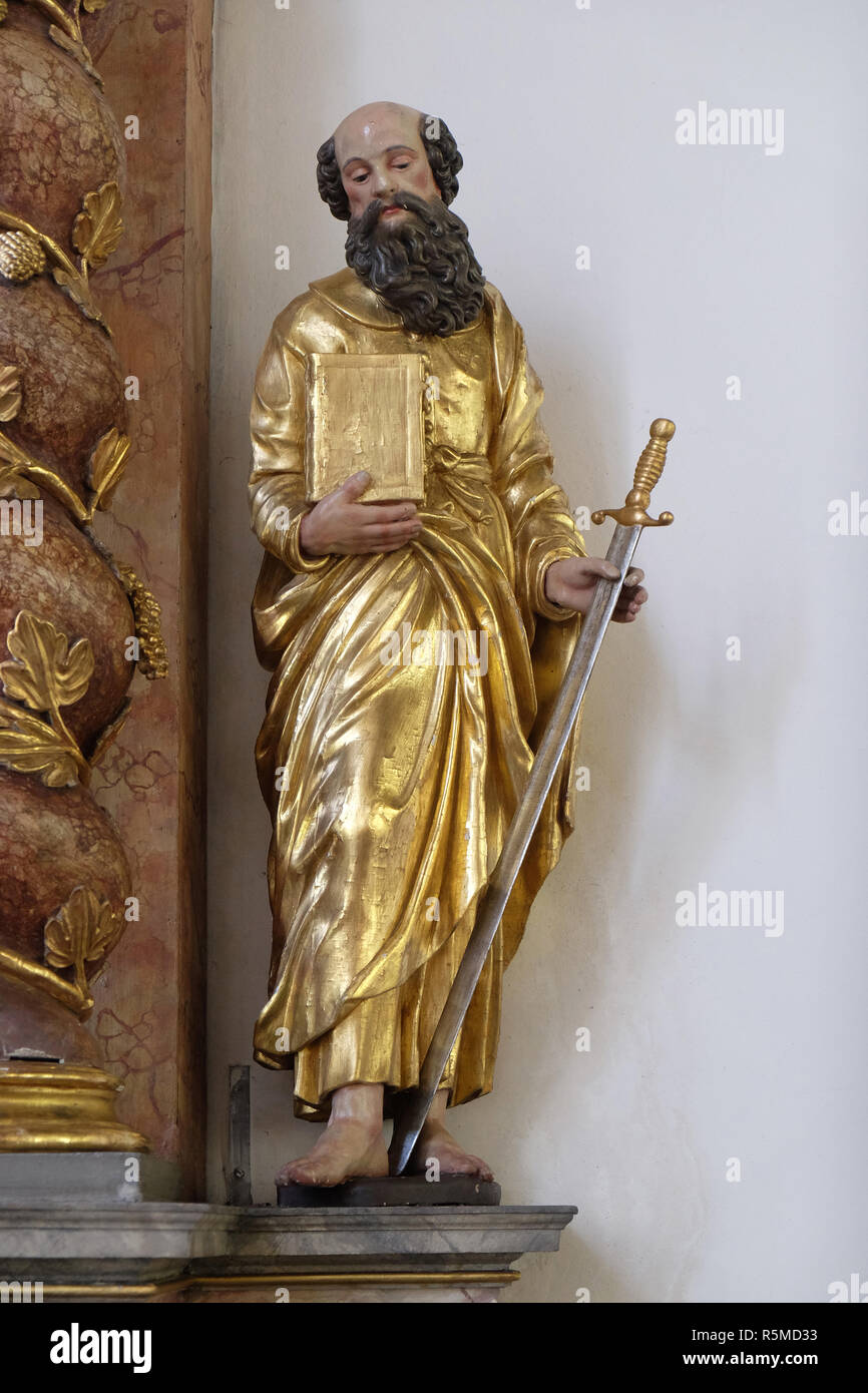 Statue de saint Paul sur la décapitation de Jean le Baptiste autel dans Maria im Grunen Tal dans l'église de pèlerinage Retzbach dans le quartier bavarois de Main-Spe Banque D'Images