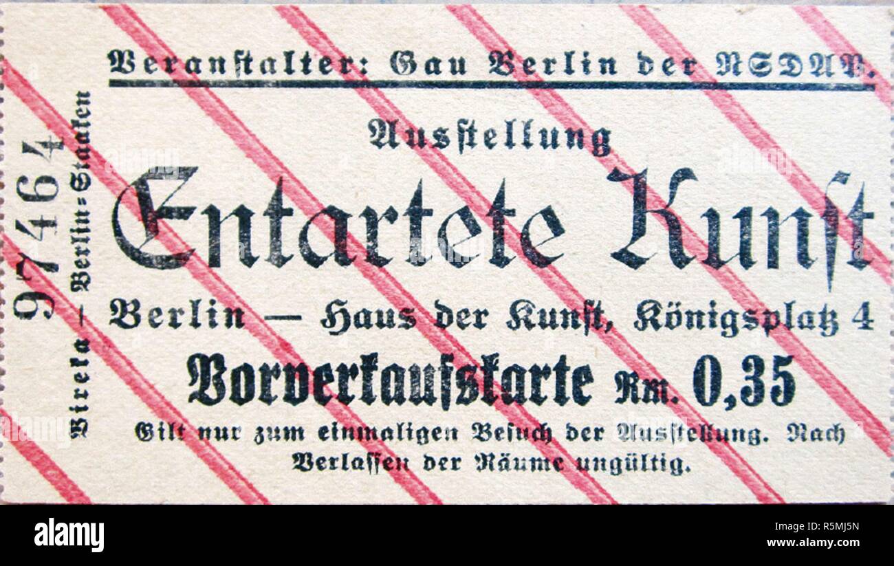 Billet pour l'exposition Art dégénéré à Berlin. Musée : collection privée. Auteur : objet historique. Banque D'Images