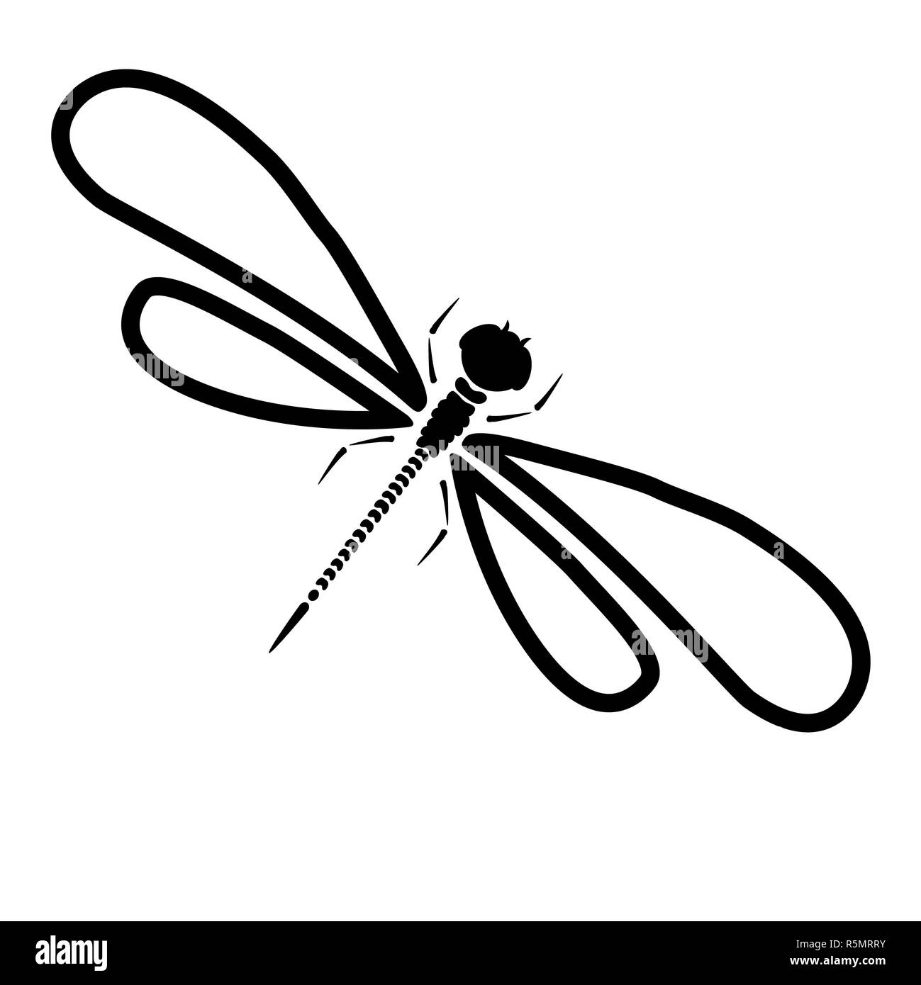 Dragon fly-vecteur silhouette. Cartoon illustration graphique de libellule isolé avec des ailes noir et blanc. Libellule insecte croquis Banque D'Images