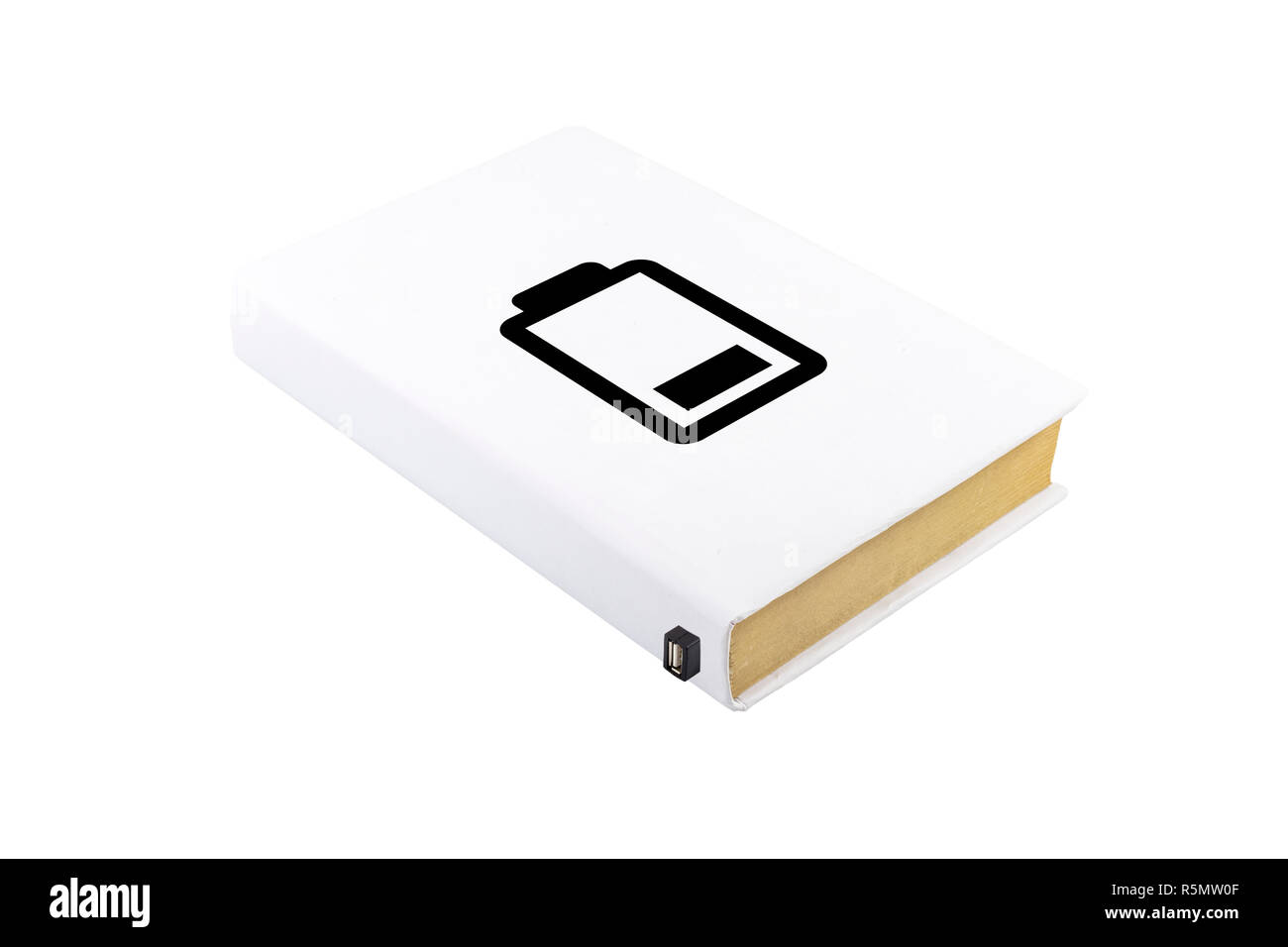 Livre avec le symbole de la batterie connectée à un câble USB Banque D'Images