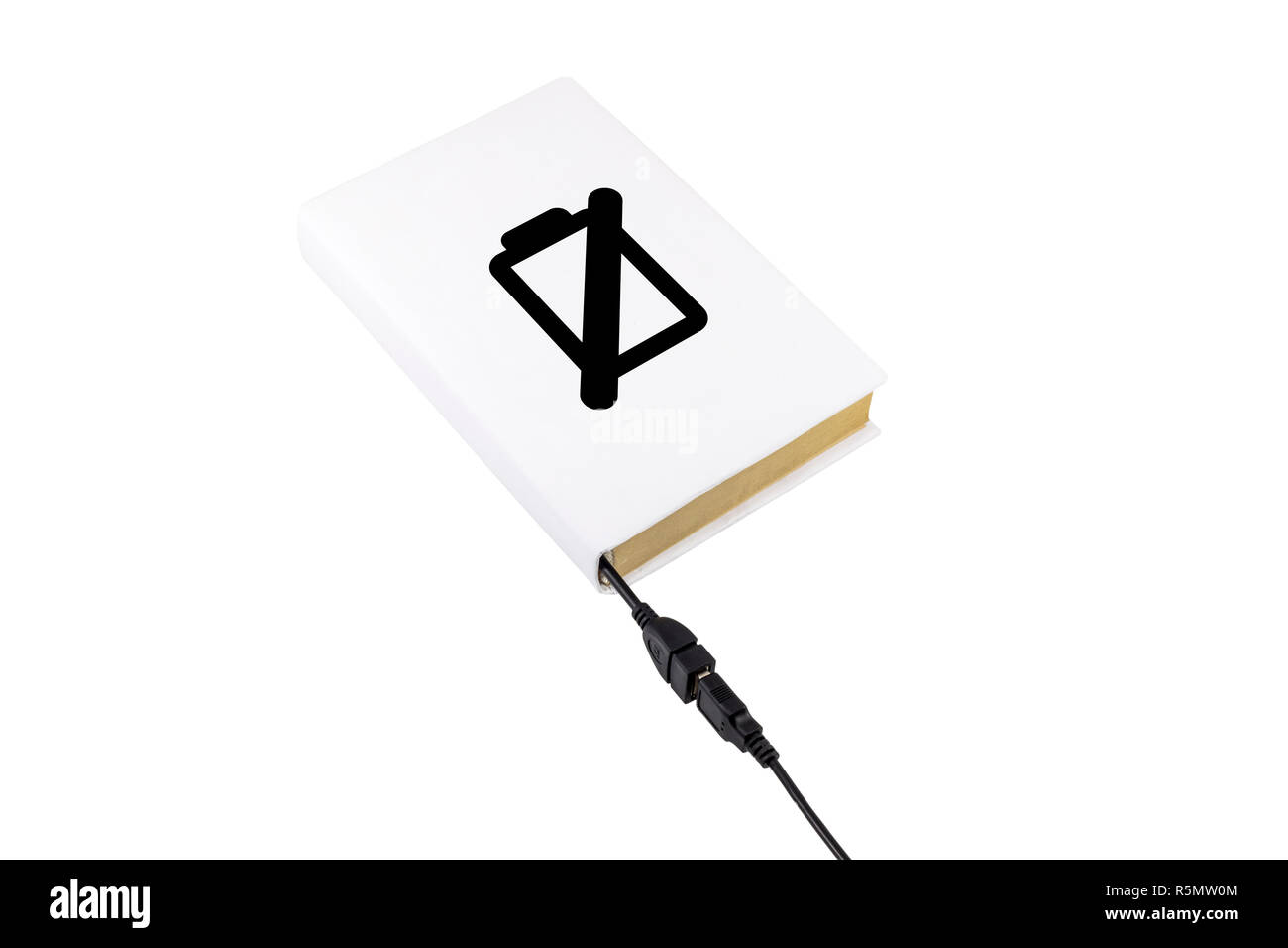 Livre avec le symbole de la batterie connectée à un câble USB Banque D'Images