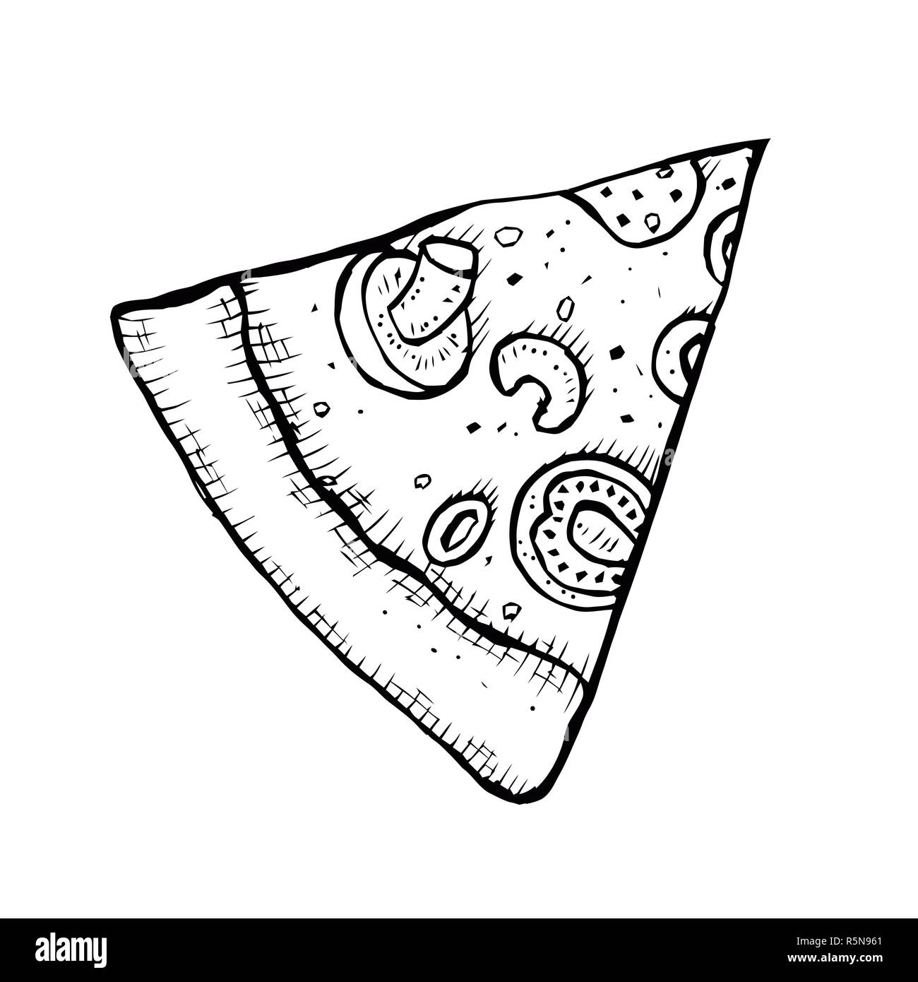 Pizza hand drawn vector illustration. Tranches de pizza en morceaux de coins. Modèle de conception. Illustration de Vecteur