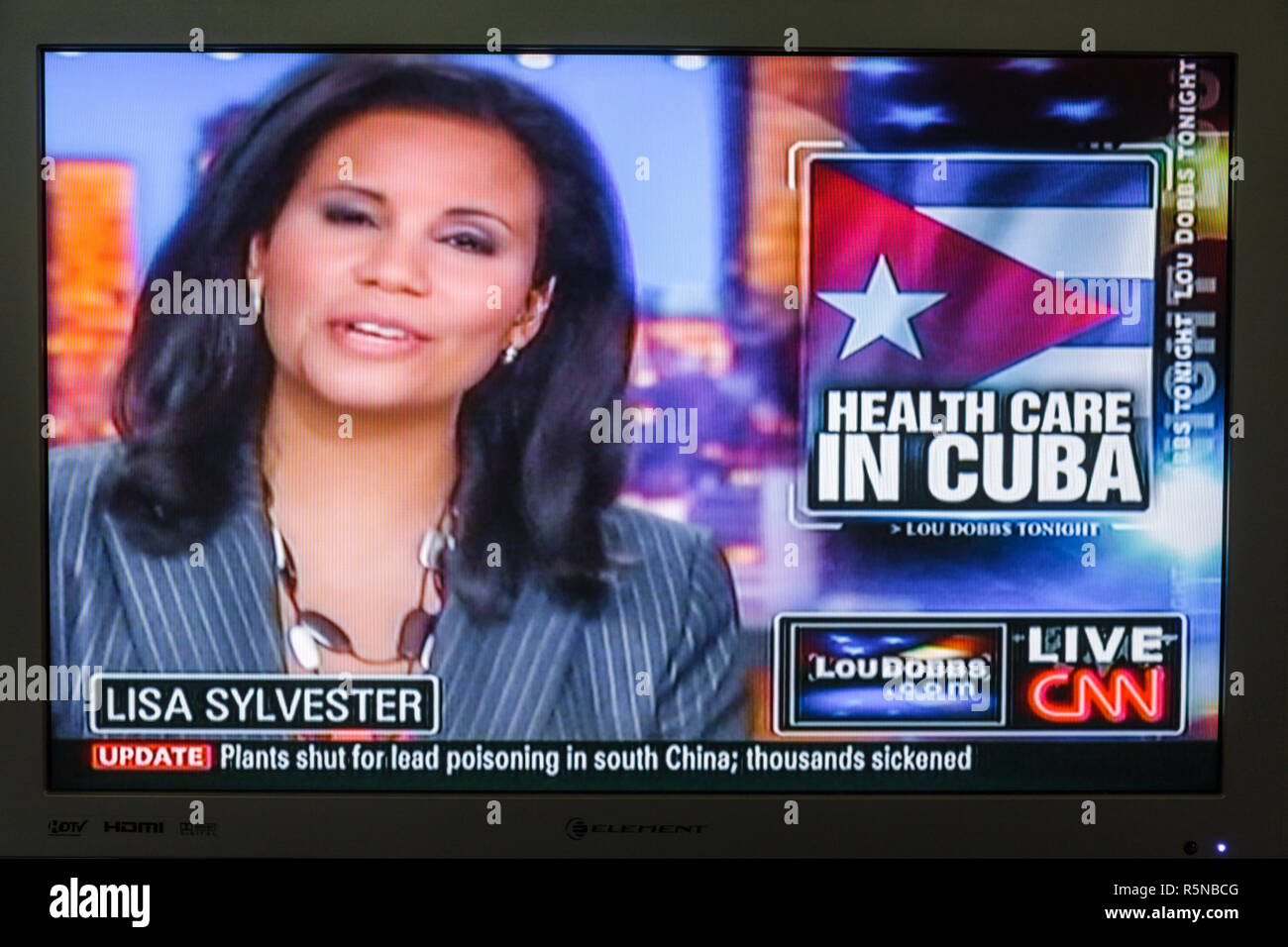 Miami Beach Florida, télévision à écran plat ensemble écran de télévision, télévision câblée de presse CNN journaliste médias, interviews, femme d'ancre de nouvelles Lisa Syl Banque D'Images