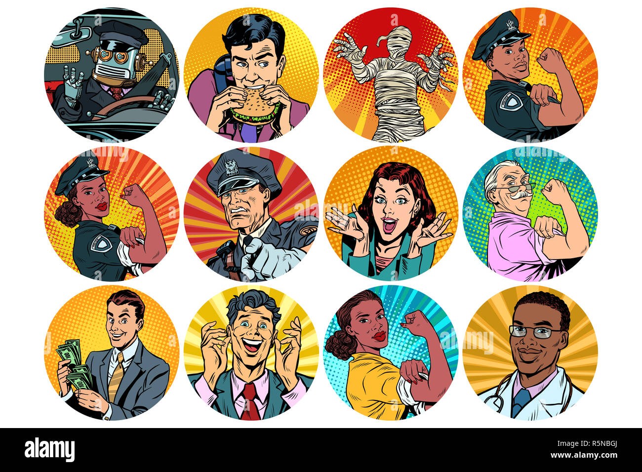Pop art jeu de caractères avatar icônes rondes Banque D'Images