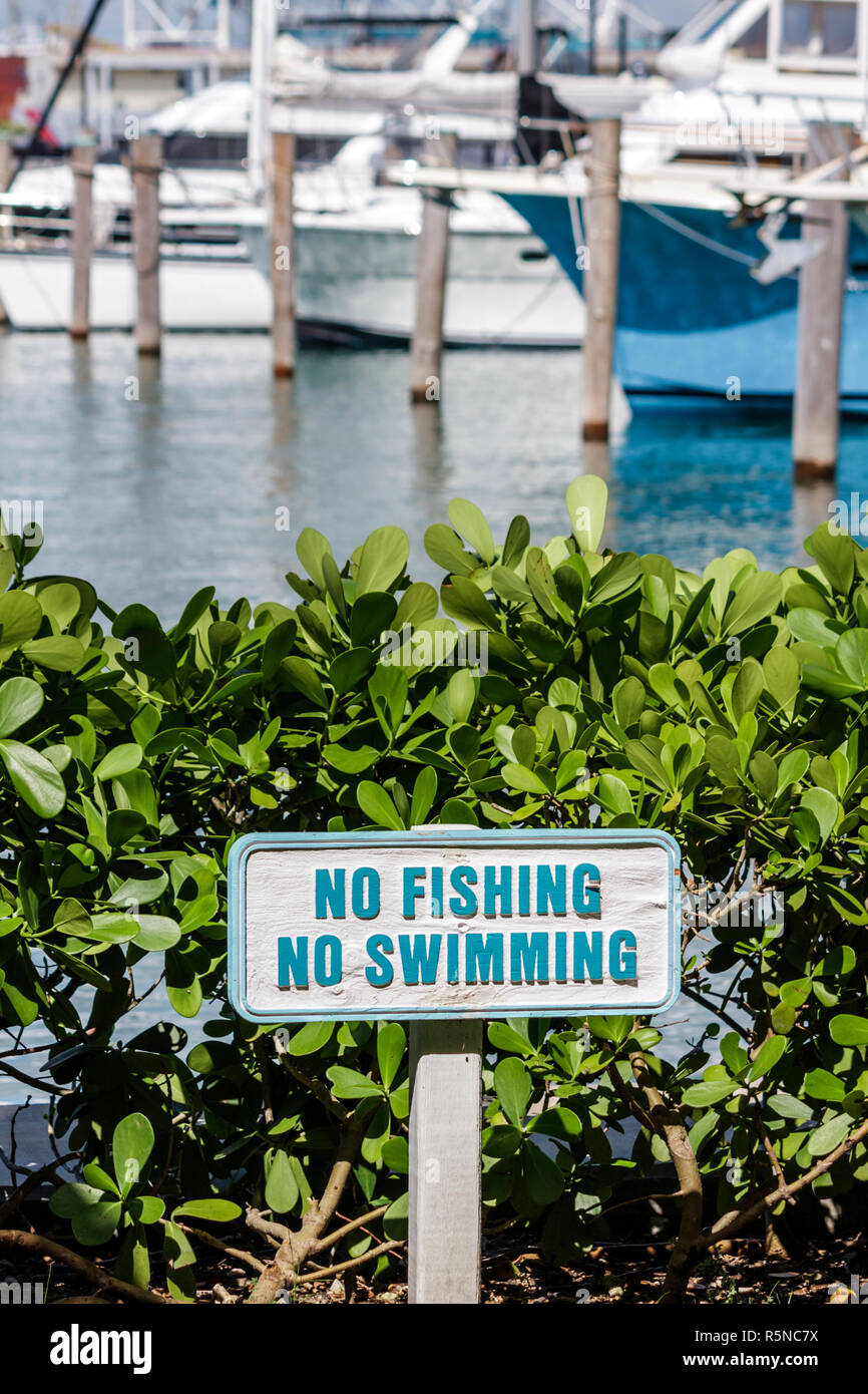 Miami Beach Florida,Marina,Biscayne Bay,panneau,pas de pêche,baignade,bateau,buisson,eau,FL090912143 Banque D'Images Miami Beach Florida,Marina,Biscayne Bay,panneau,pas de pêche,baignade,bateau,buisson,eau,FL090912143 Banque D'Images