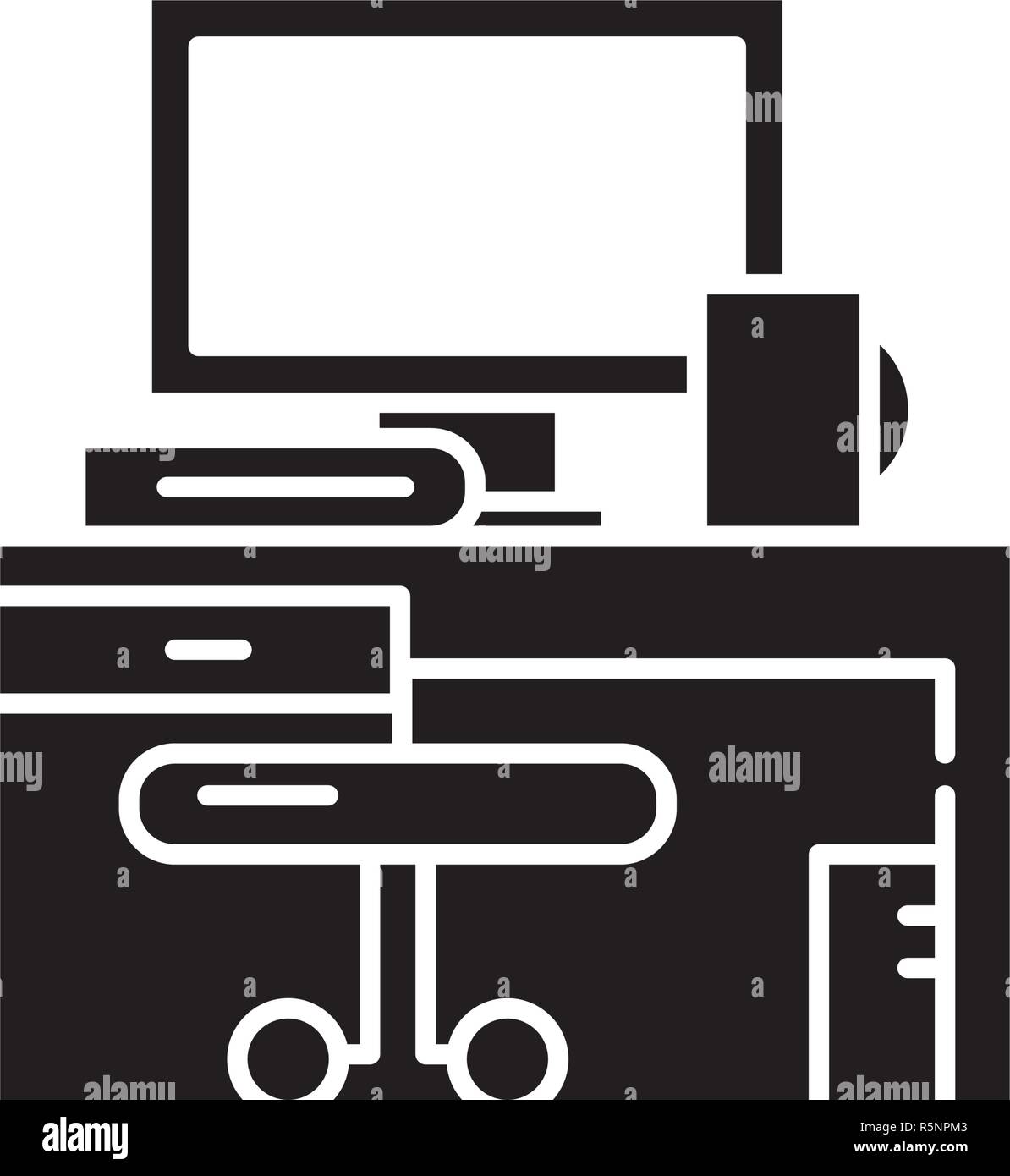 Lieu de travail icône noire, vector signe sur fond isolé. Concept de poste de travail, illustration symbole Illustration de Vecteur